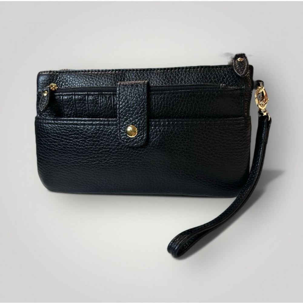 Black Leather Wristlet Clutch - Classic Pebbled Design